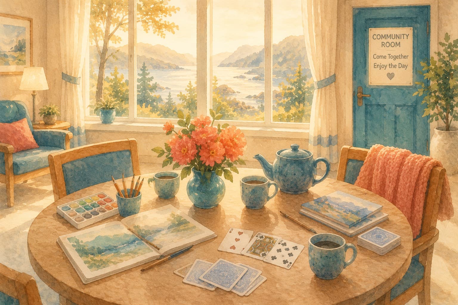 A bright community room set for the day with a round table, art supplies, a teapot and cups, a vase of soft coral flowers, and warm afternoon light through tall windows — ready to welcome seniors for engagement and care