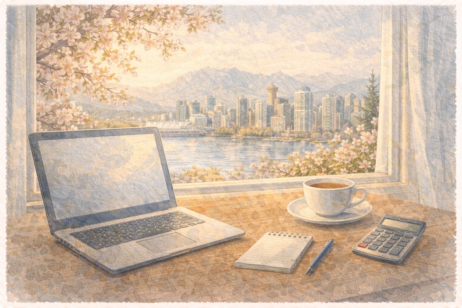 A laptop, notepad, and calculator on a desk with a view of the Vancouver skyline and cherry blossoms — researching assisted living costs