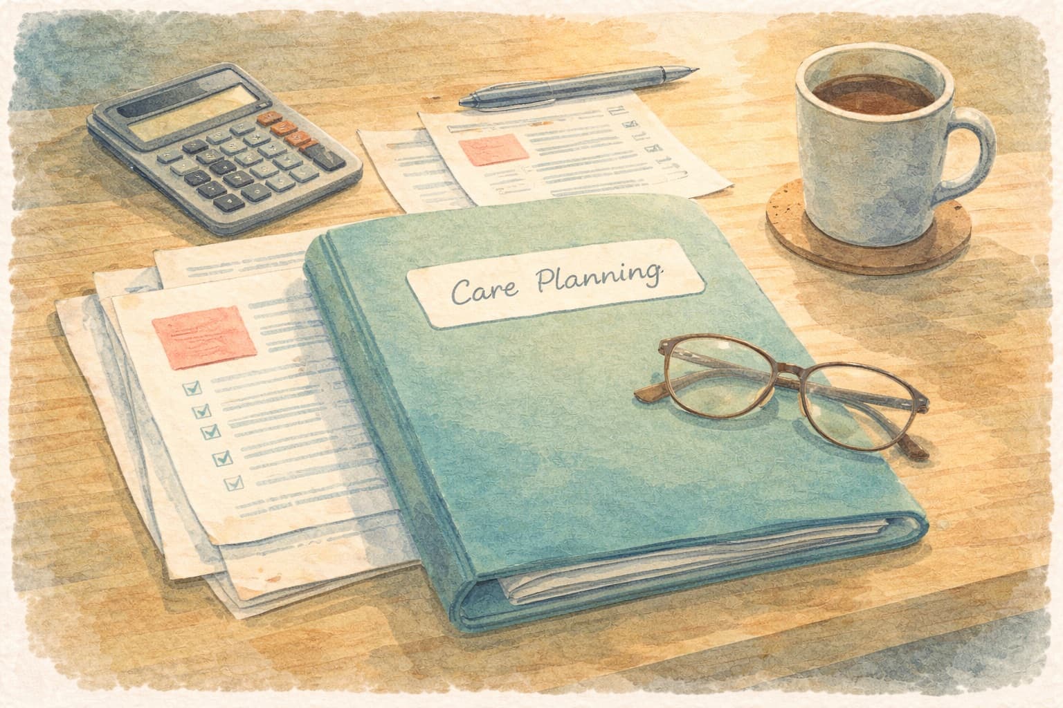 A desk with papers and reading glasses — navigating BC care funding