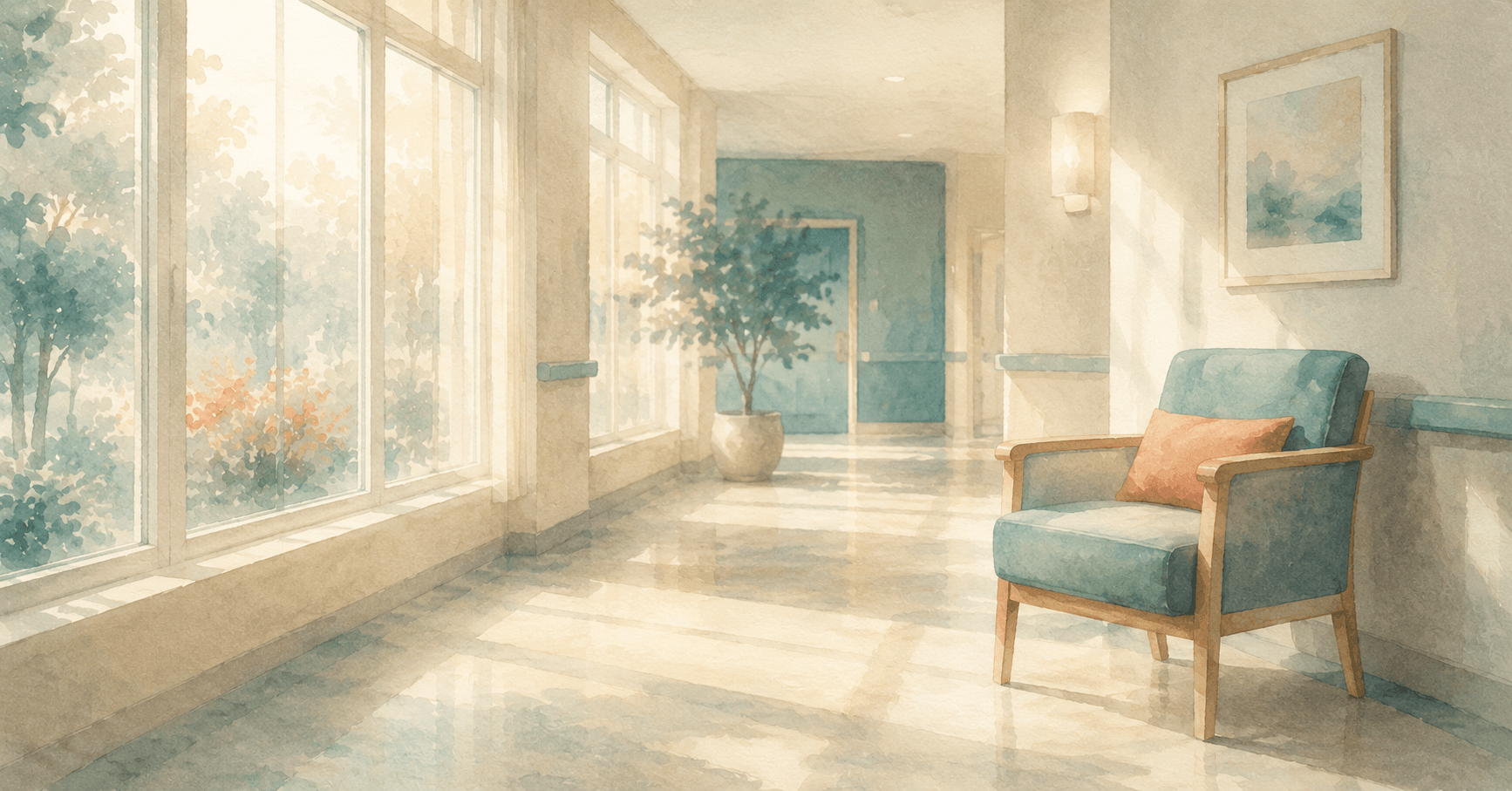 A quiet hallway in a care home, with natural light through windows and an empty chair — waiting for care in BC