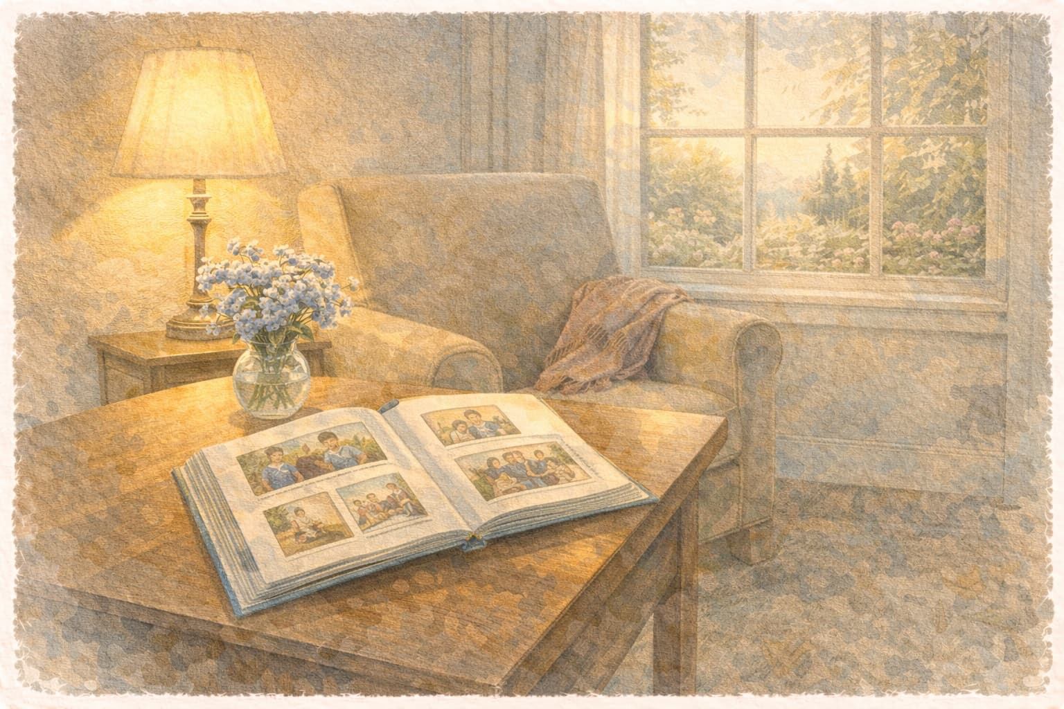 A living room with a photo album, lamp, armchair, and forget-me-not flowers — remembering through every stage