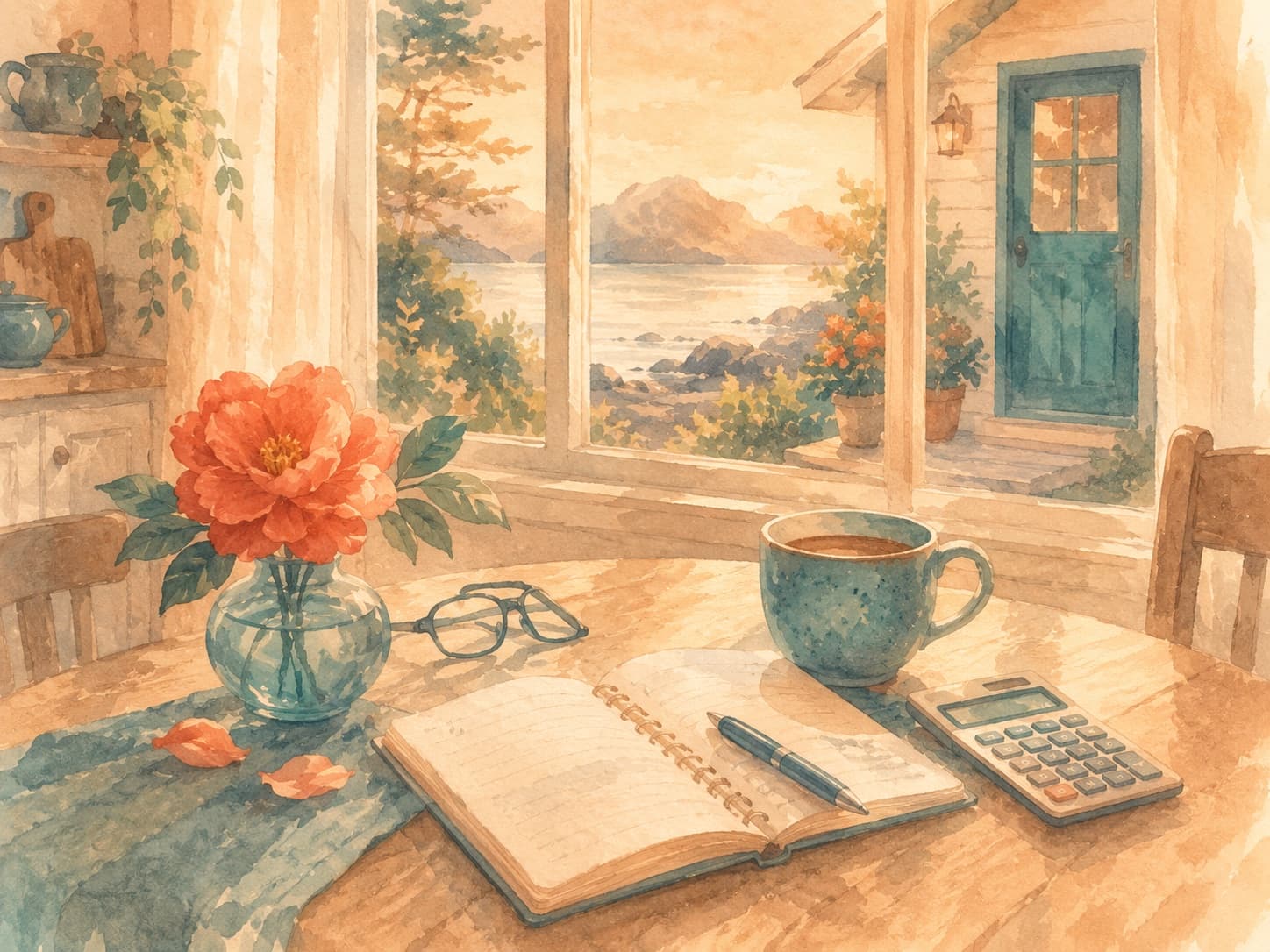 A kitchen table with a notebook, calculator, tea, glasses, and a coral flower — planning for long-term care costs in BC