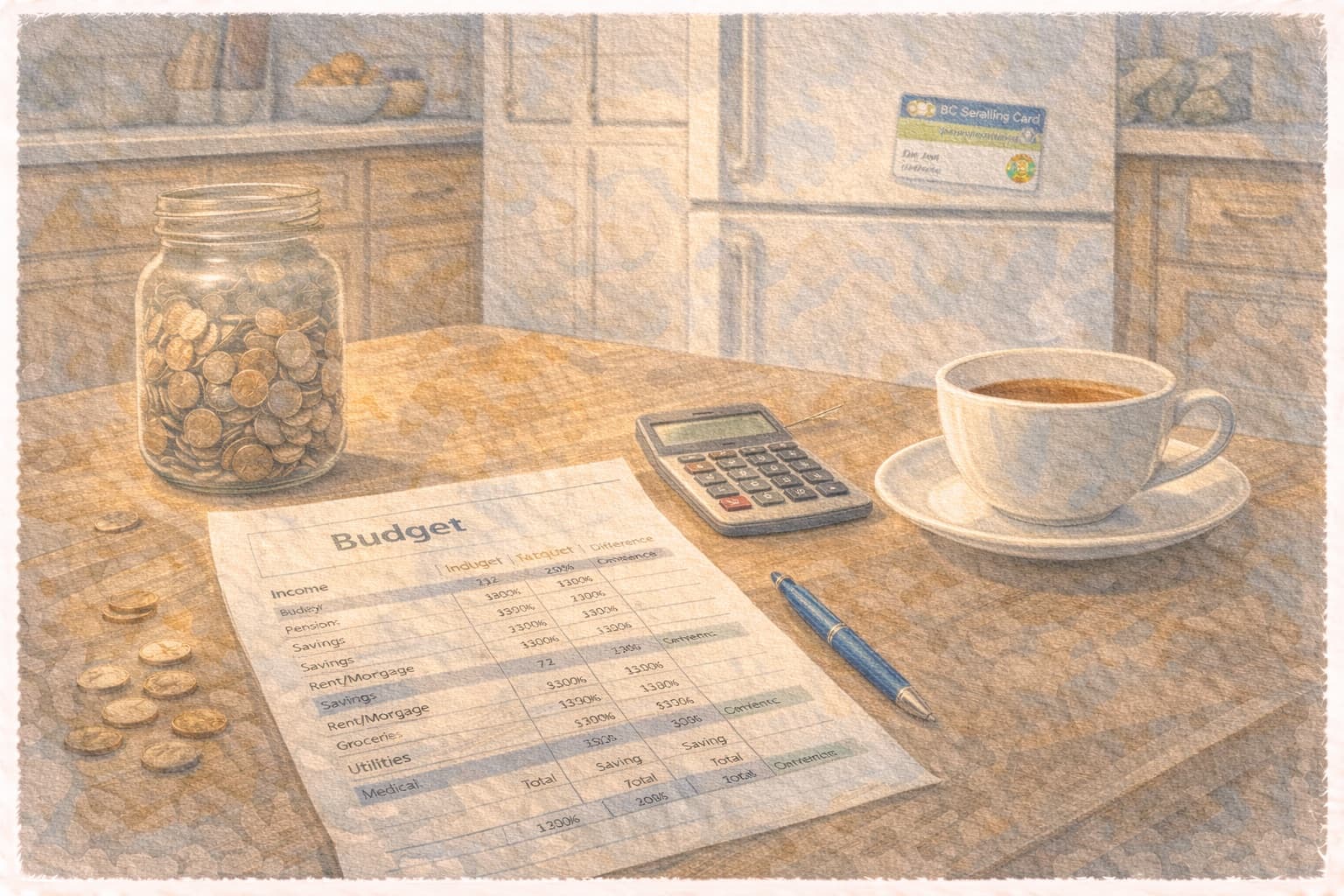 A kitchen counter with a budget spreadsheet, coin jar, calculator, and cup of coffee — the reality of middle-class care planning