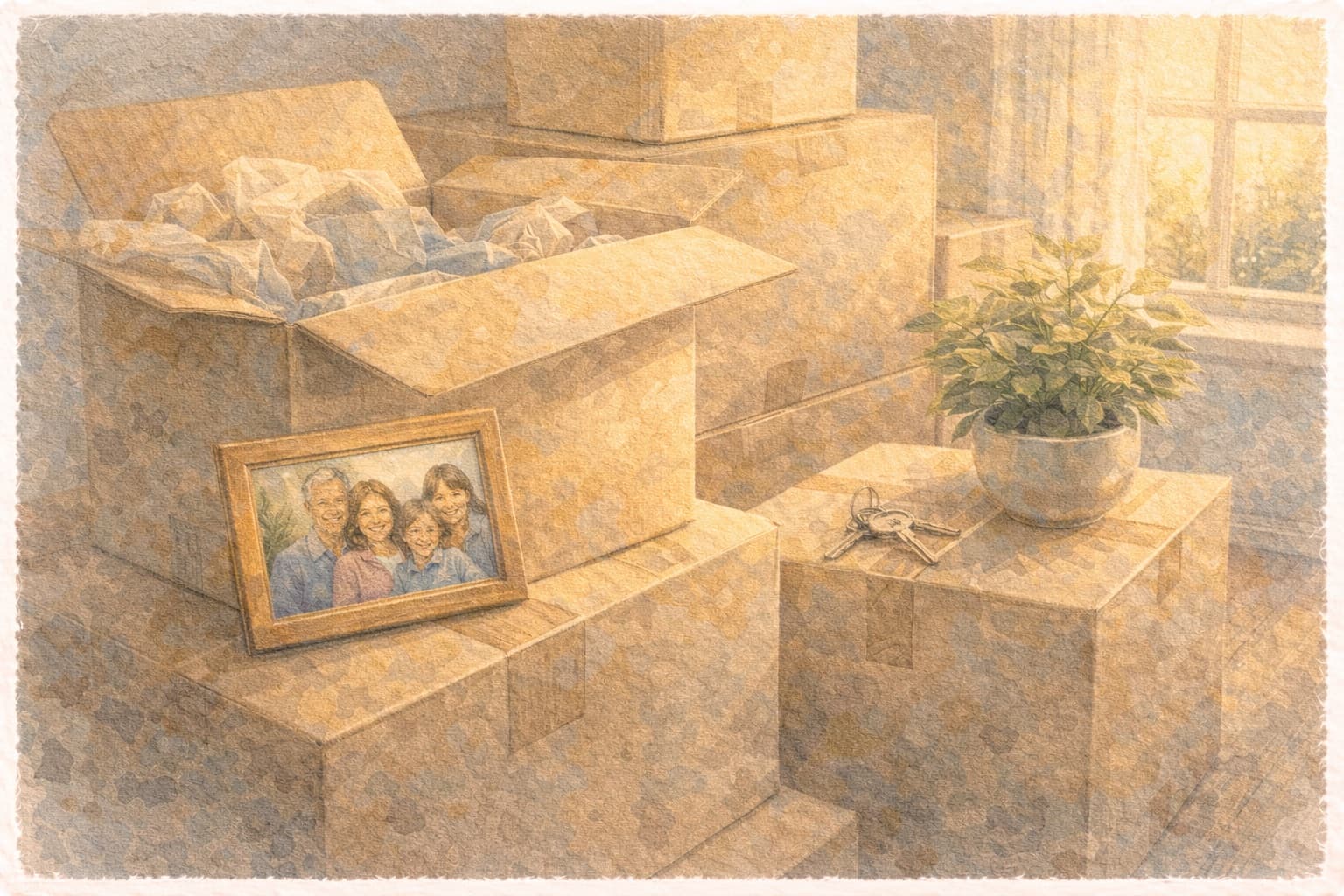 Moving boxes stacked in a sunlit room with a family photo and houseplant — the emotional reality of moving a parent into care