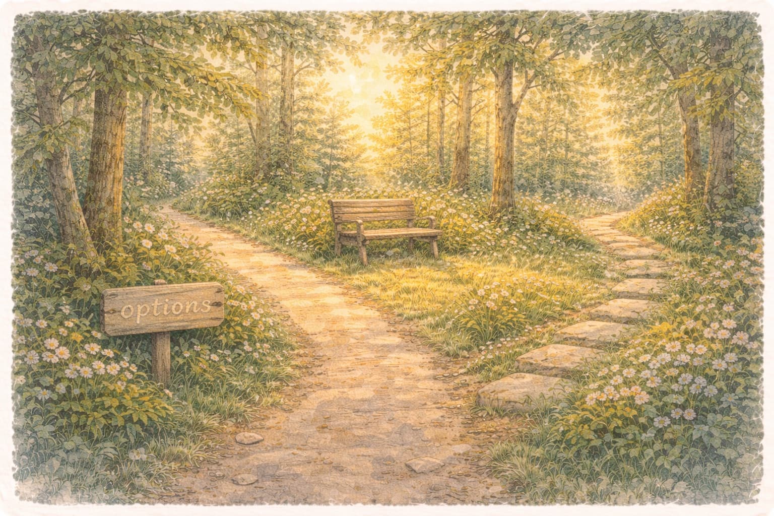 Two paths diverging in a BC forest with a wooden sign and park bench — choosing between private and subsidized care