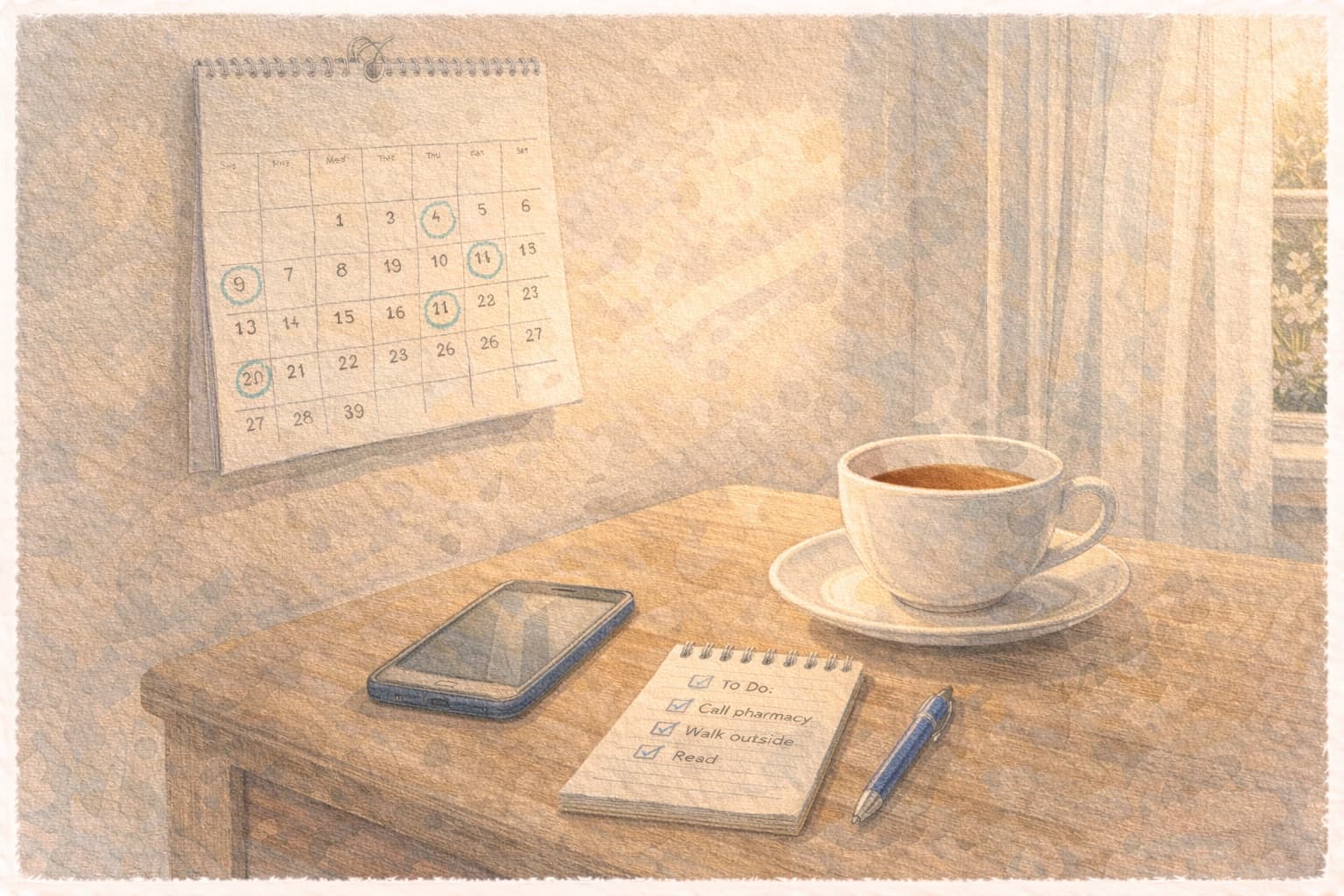 A wall calendar with circled dates, a phone, notepad, and cup of tea — tracking the long-term care waitlist