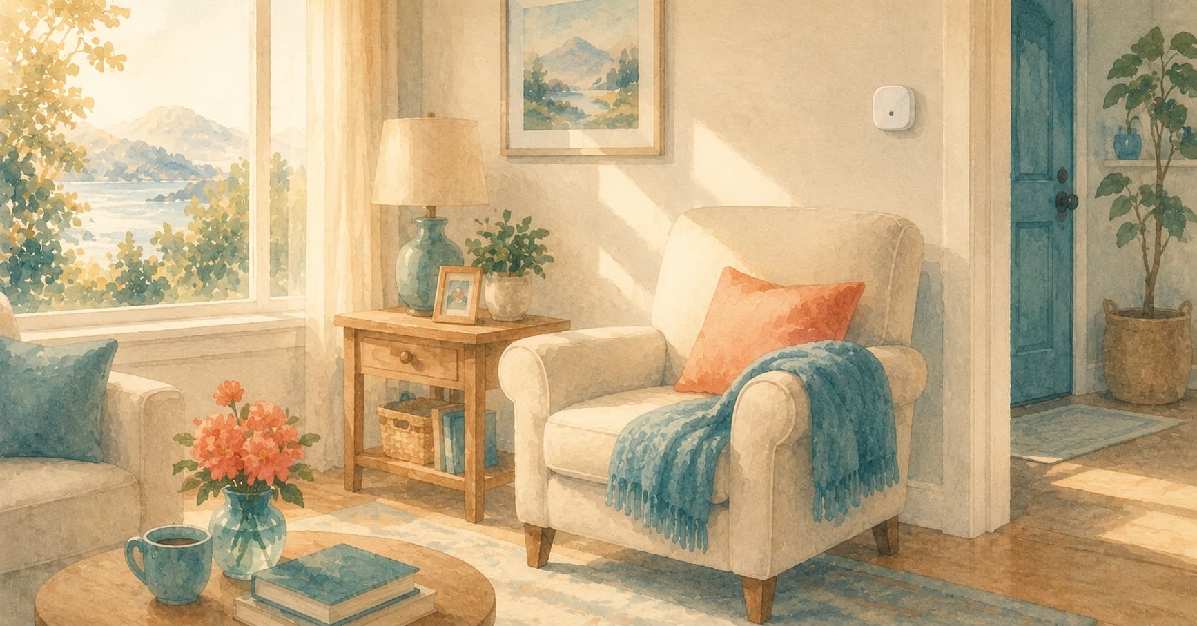 A sunlit living room with an armchair, a side table, and a discreet wall sensor — a home set up for aging in place
