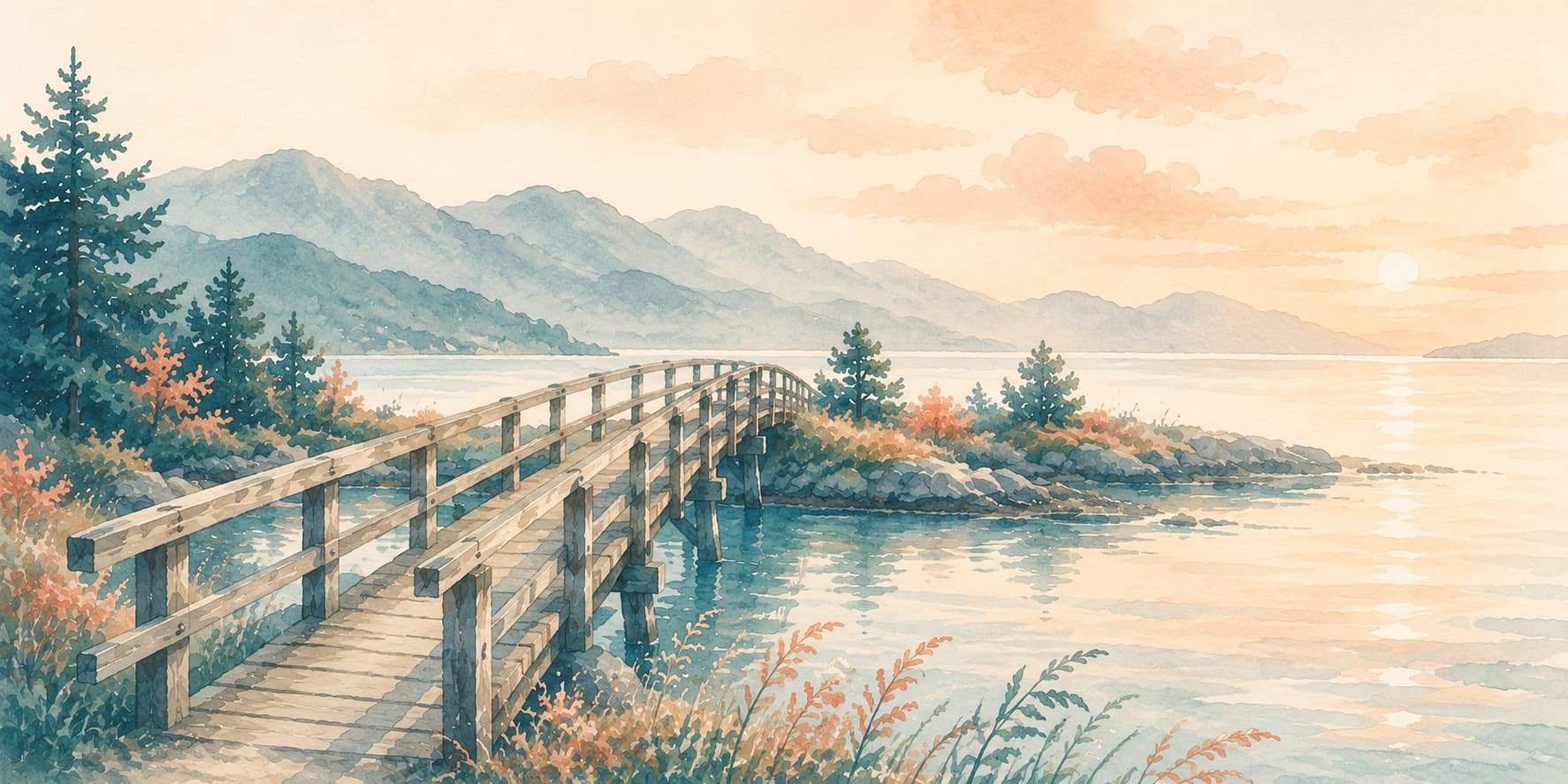 A quiet British Columbia coastline at golden hour with a small wooden footbridge crossing a tidal channel — a calm symbol of continuity and crossing