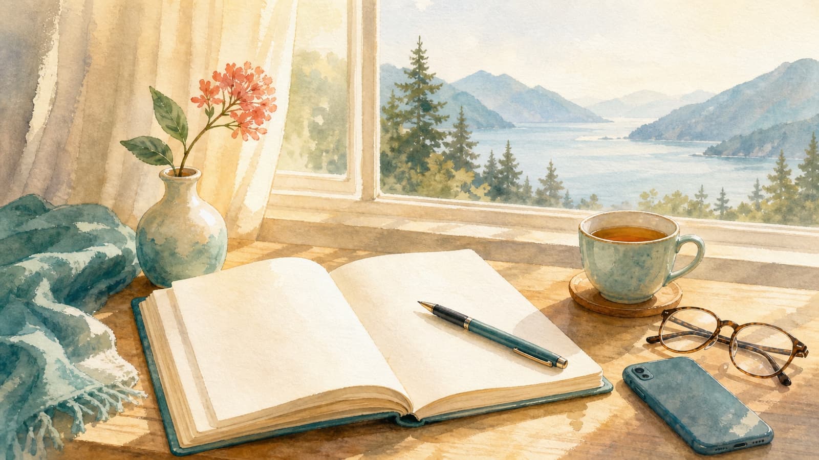 A sunlit side table with an open notebook, a pen, reading glasses and a phone — a family member keeping notes to advocate for a loved one