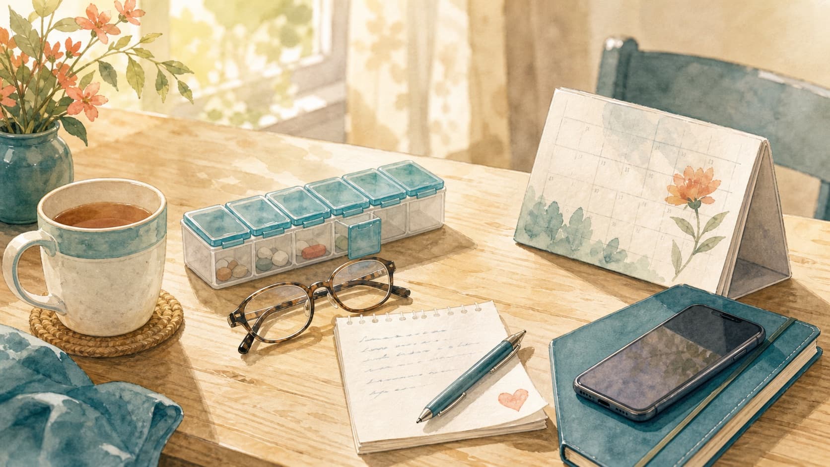A watercolor kitchen table with a pill organizer, appointment note, phone, tea, and calendar — the quiet signs of family caregiving