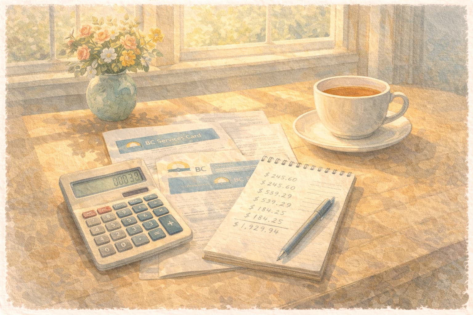 A kitchen table with a calculator, tea, notepad with numbers, and BC documents — planning for assisted living costs