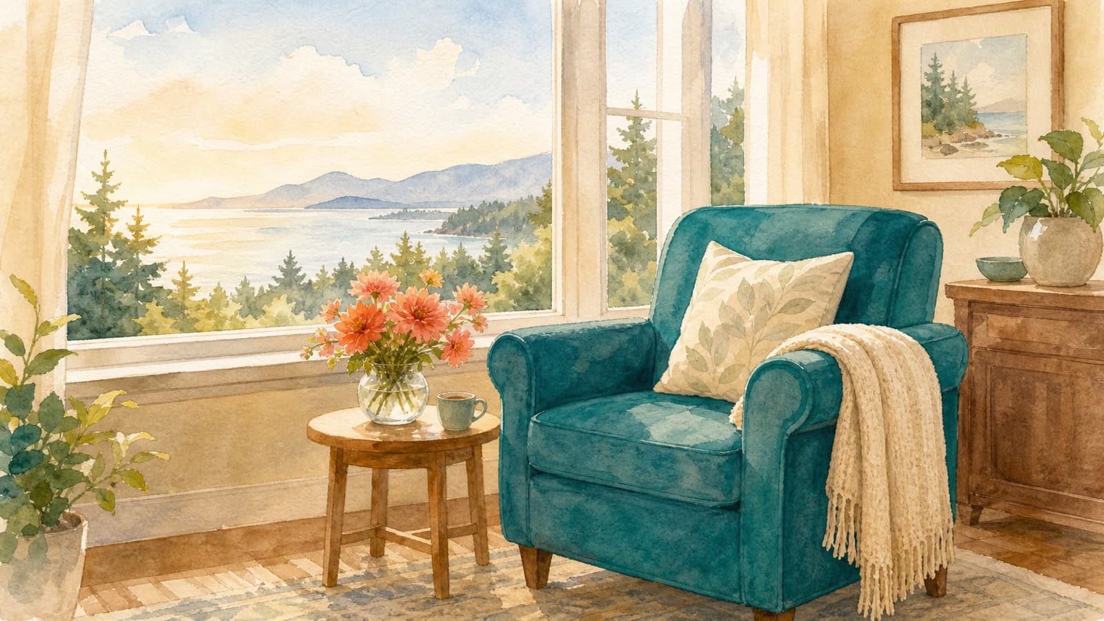 A bright, tidy seniors' residence suite near the coast with a teal armchair, a vase of coral flowers, and a window looking onto soft Vancouver Island greenery.