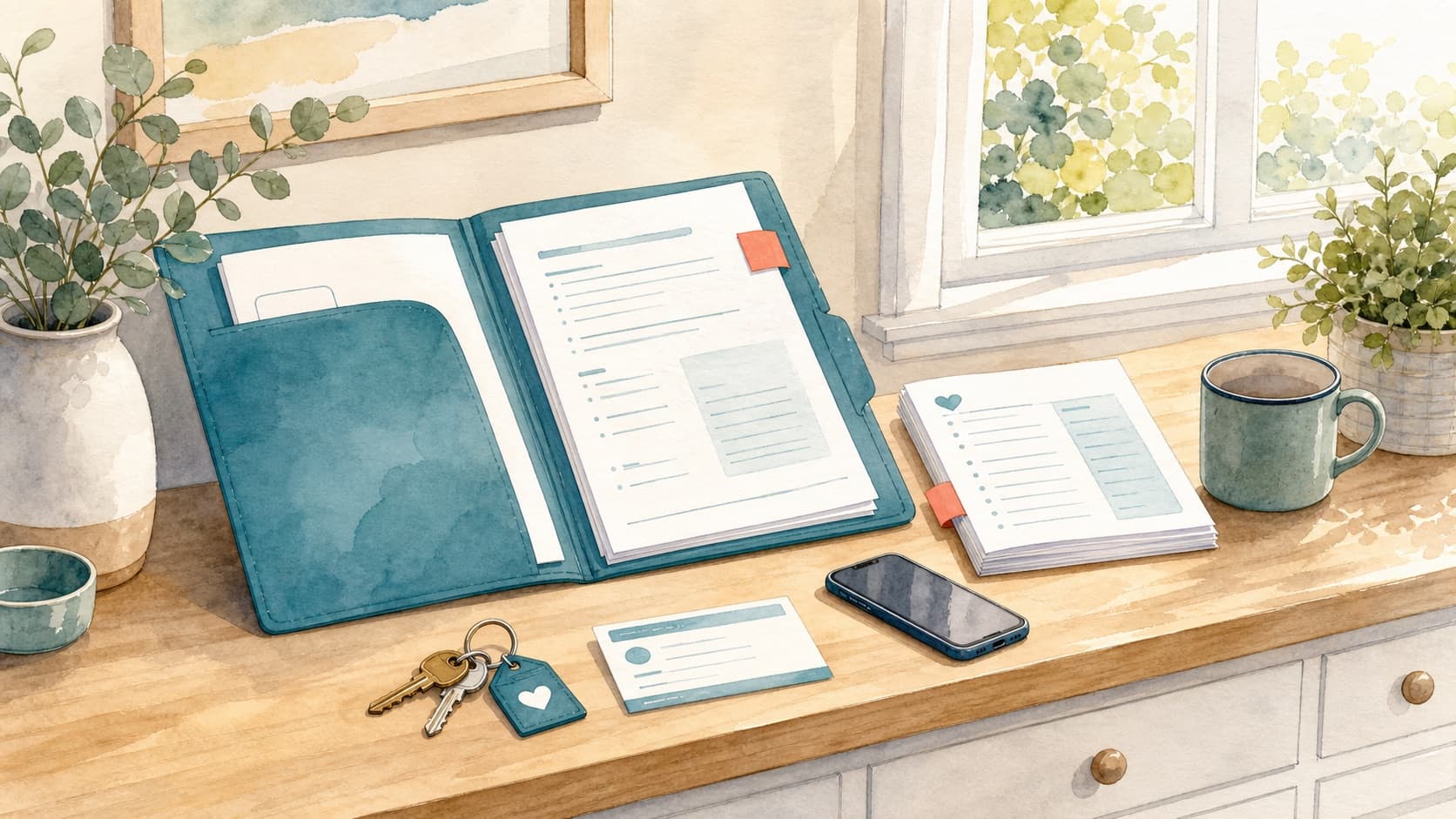 A watercolor care folder with routine sheets, keys, phone, and tea on a kitchen sideboard — preparing a backup care plan