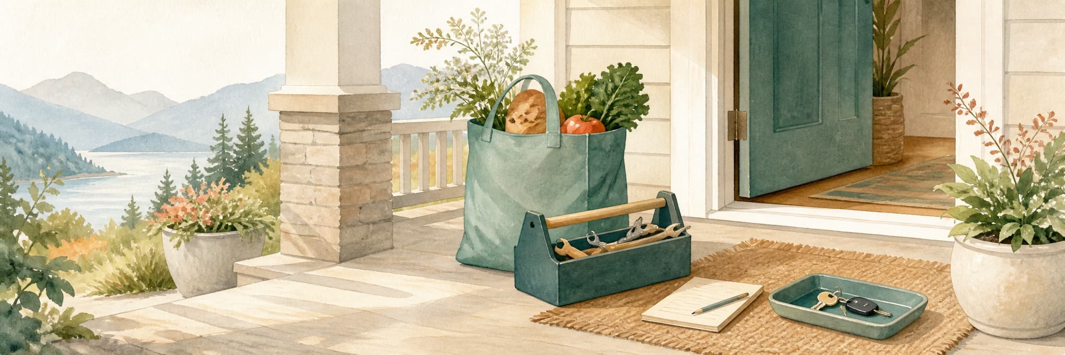 A watercolor illustration of a front porch with grocery bags, a small toolbox, and a ride note, representing non-medical help for aging at home