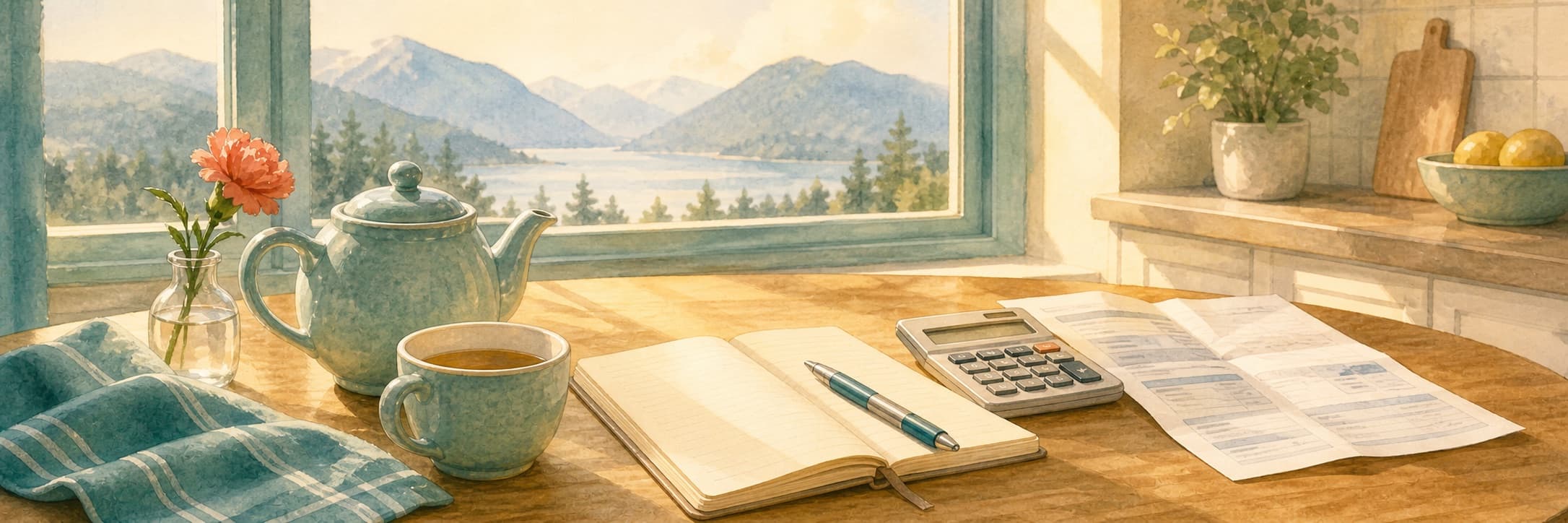 A kitchen table set with a notebook, a calculator and a cup of tea in warm morning light