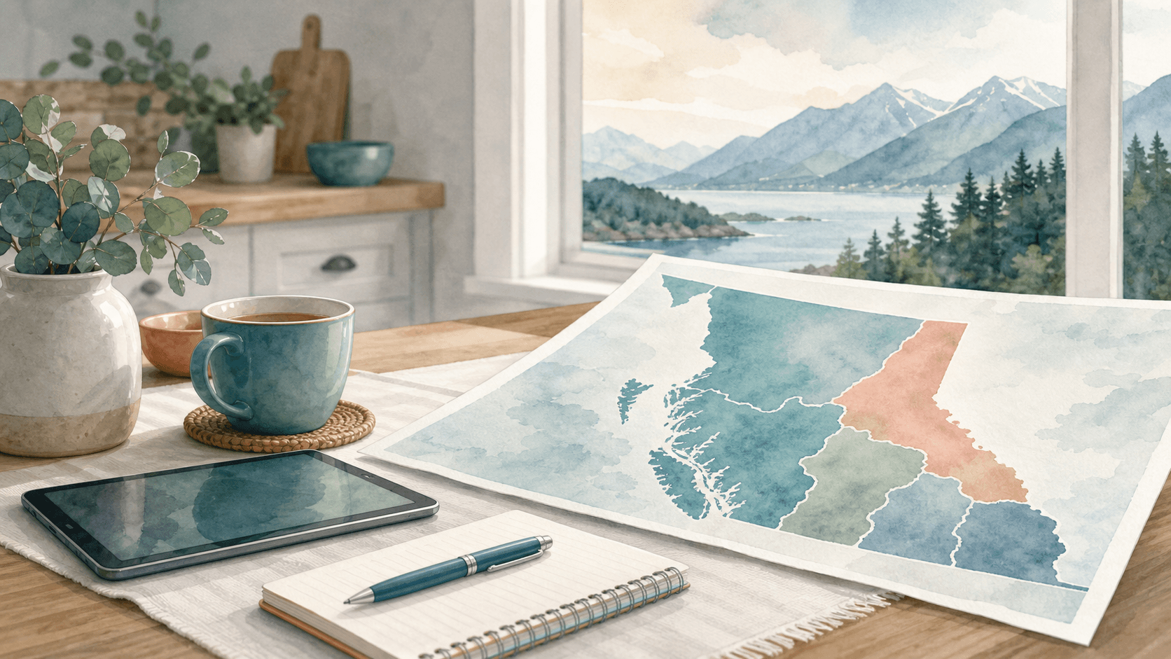 A watercolor kitchen table scene with a tablet, notebook, tea, and a map of British Columbia divided into five soft regions
