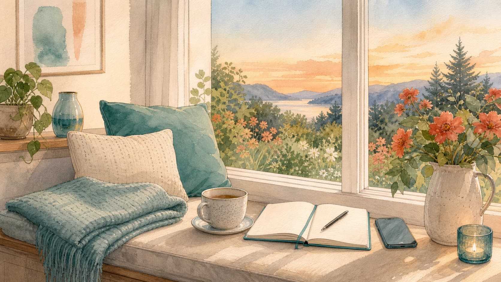 A watercolor window seat with a folded blanket, notebook, tea, phone, and garden view — a quiet pause for an overwhelmed caregiver