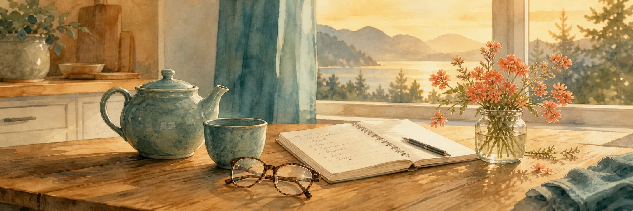 A kitchen table in warm evening light with a teapot, an open notebook, and a small vase of coral wildflowers.