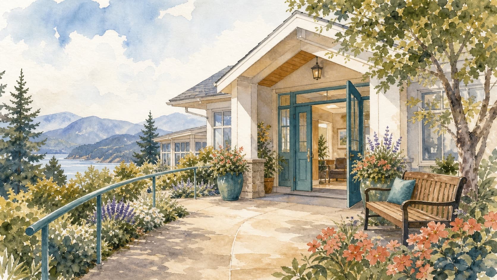 A watercolor long-term care home entrance with a teal door, garden path, bench, flowers, and BC coastal mountains