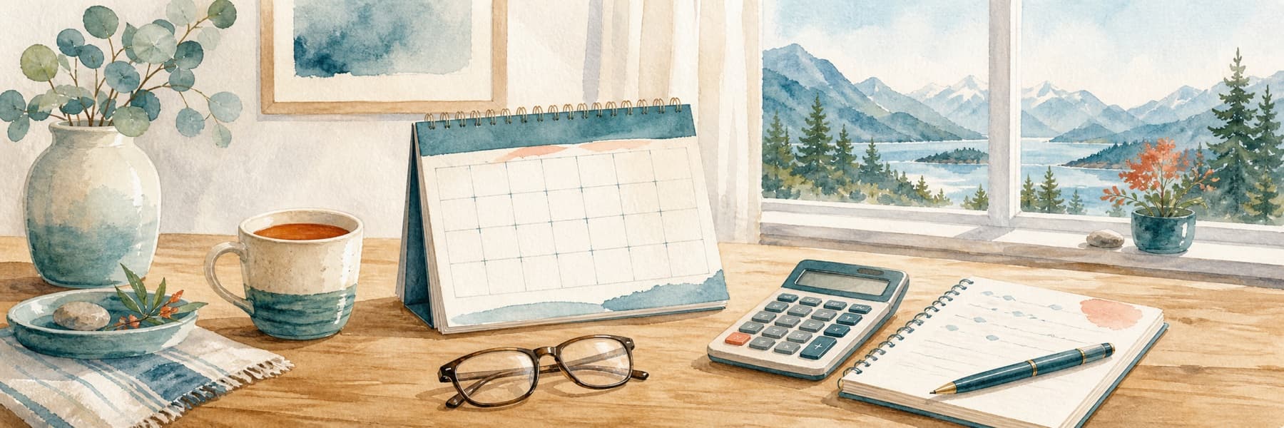 Watercolour illustration of a kitchen table with a calendar, calculator, and care-planning notes
