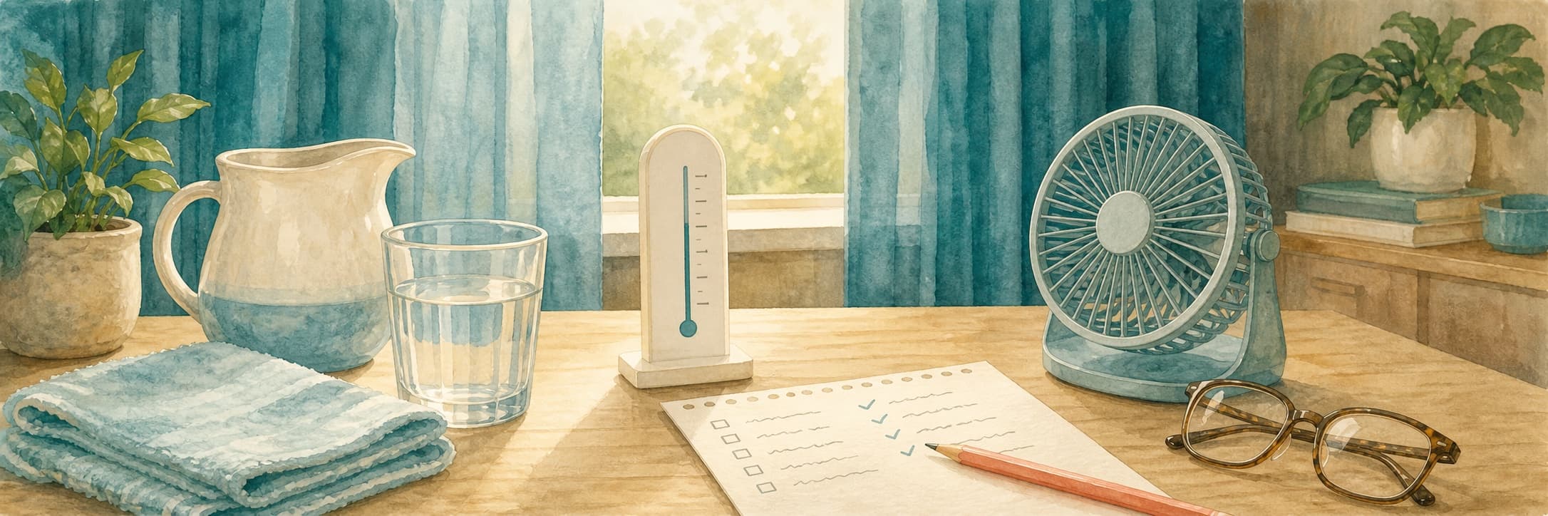 A watercolor room thermometer, water glass, folded damp cloth, fan, reading glasses and family check-in list on a sunlit kitchen table beside closed teal curtains — preparing an older adult's home for extreme heat in BC