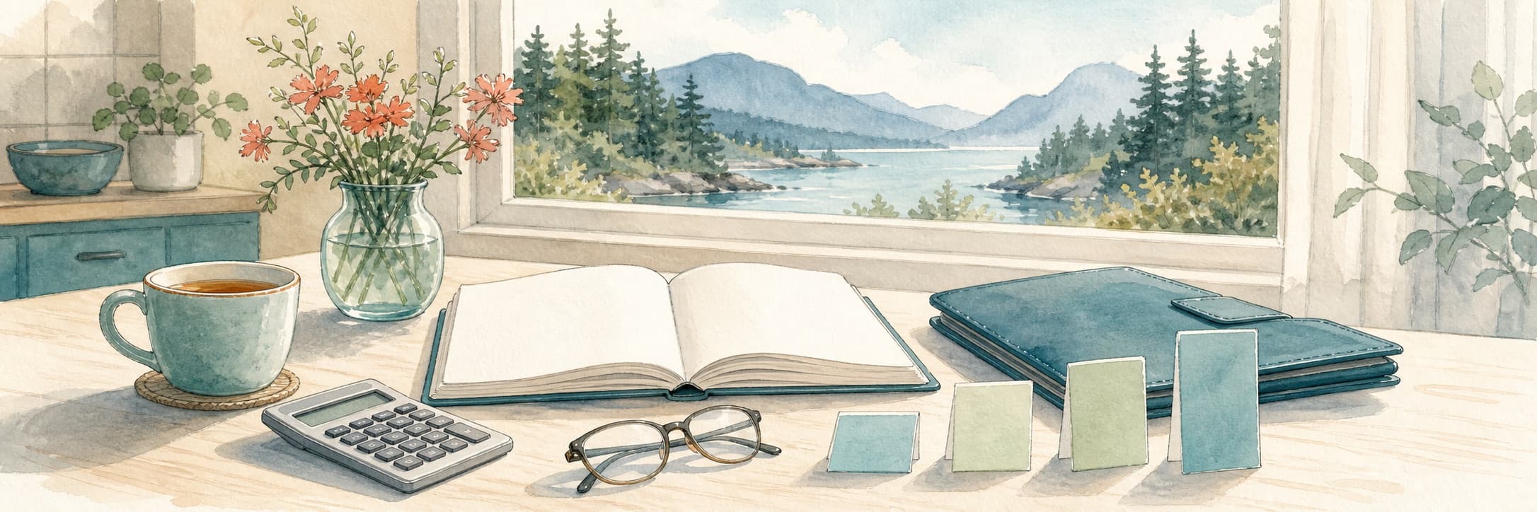 A watercolor BC kitchen table with a calculator, an open notebook, reading glasses, and four ascending planning cards