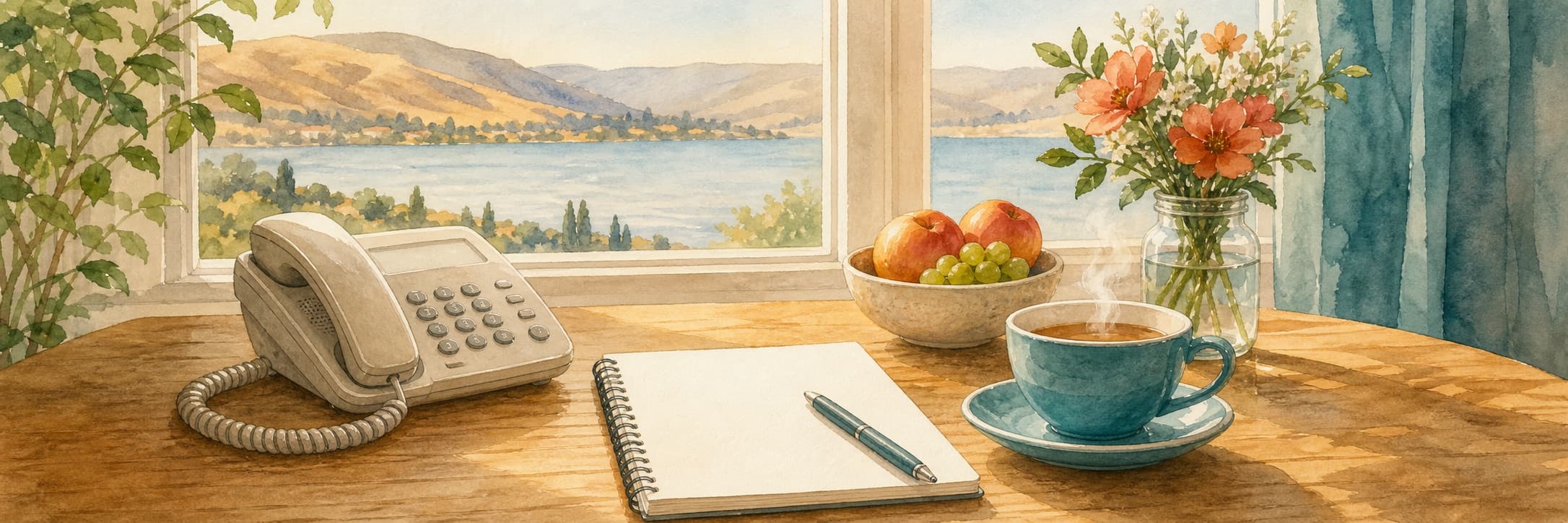 A sunlit Okanagan kitchen table with a phone, a notepad, and a cup of tea, set as if a family is making calls about home care.