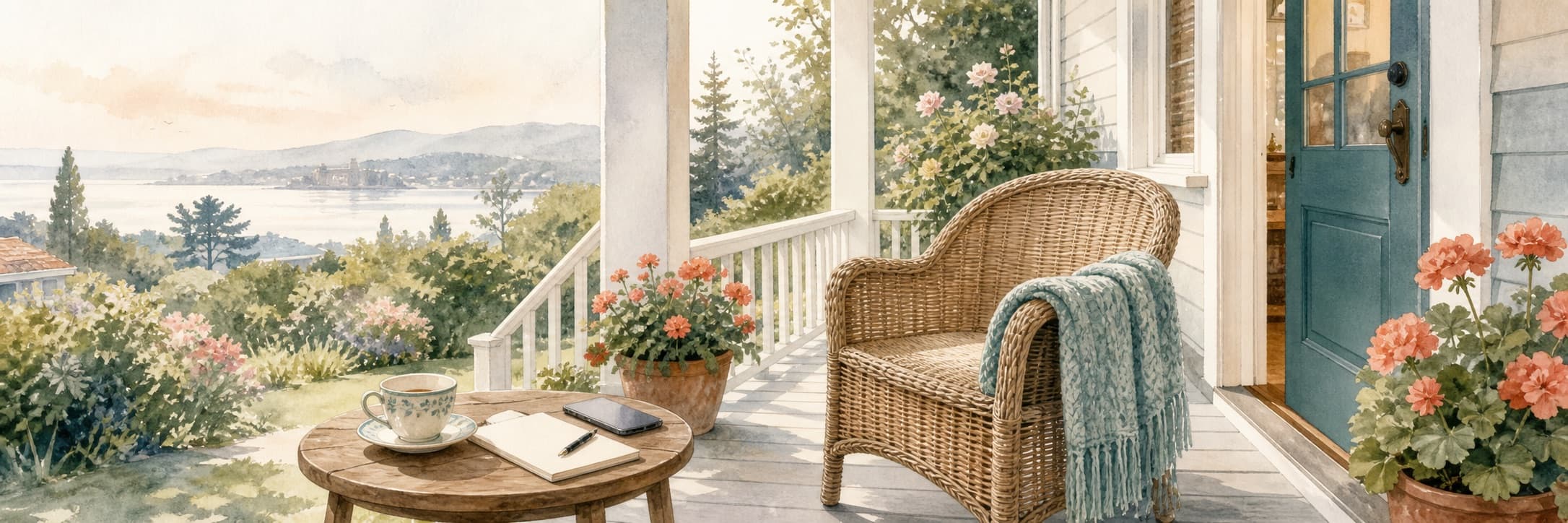 A bright Victoria front porch in morning light with a teacup, a notepad, and a phone on a small table, with garden flowers beyond.