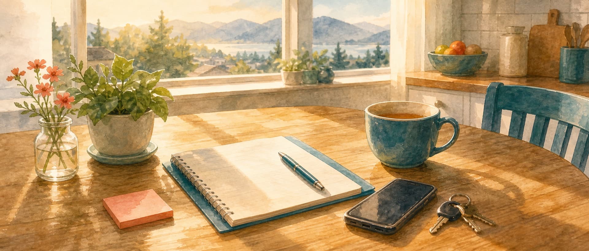 A Surrey kitchen table with a notepad, a phone, and a cup of tea — a family planning home care