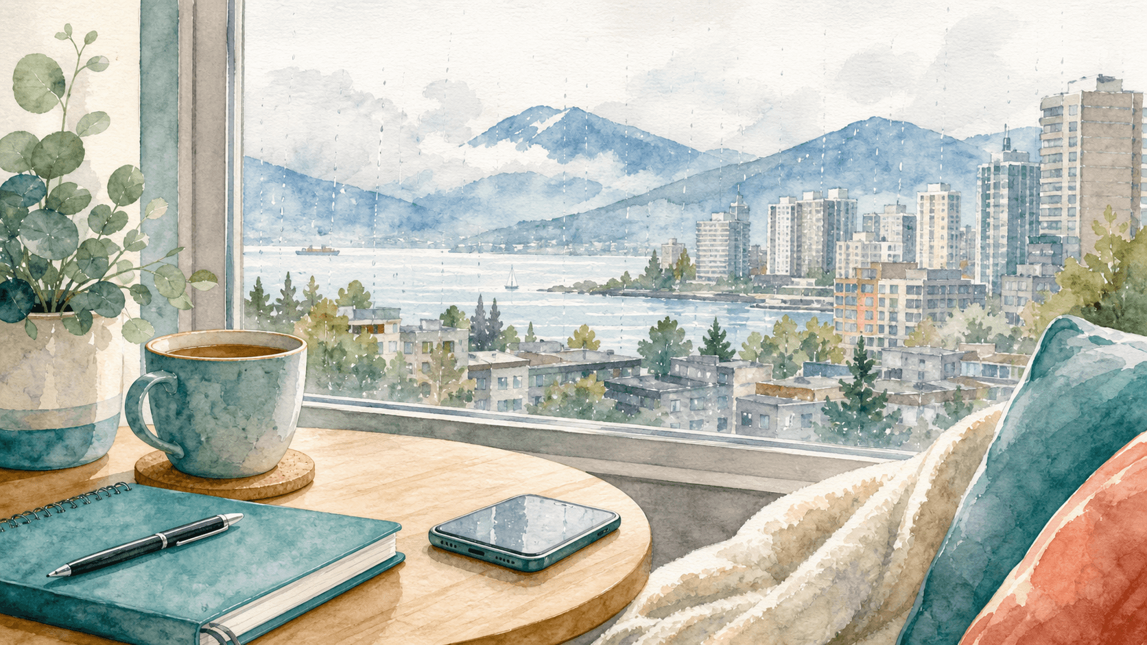 A Vancouver apartment window with rain outside, a tea cup and a notepad — a family planning home care
