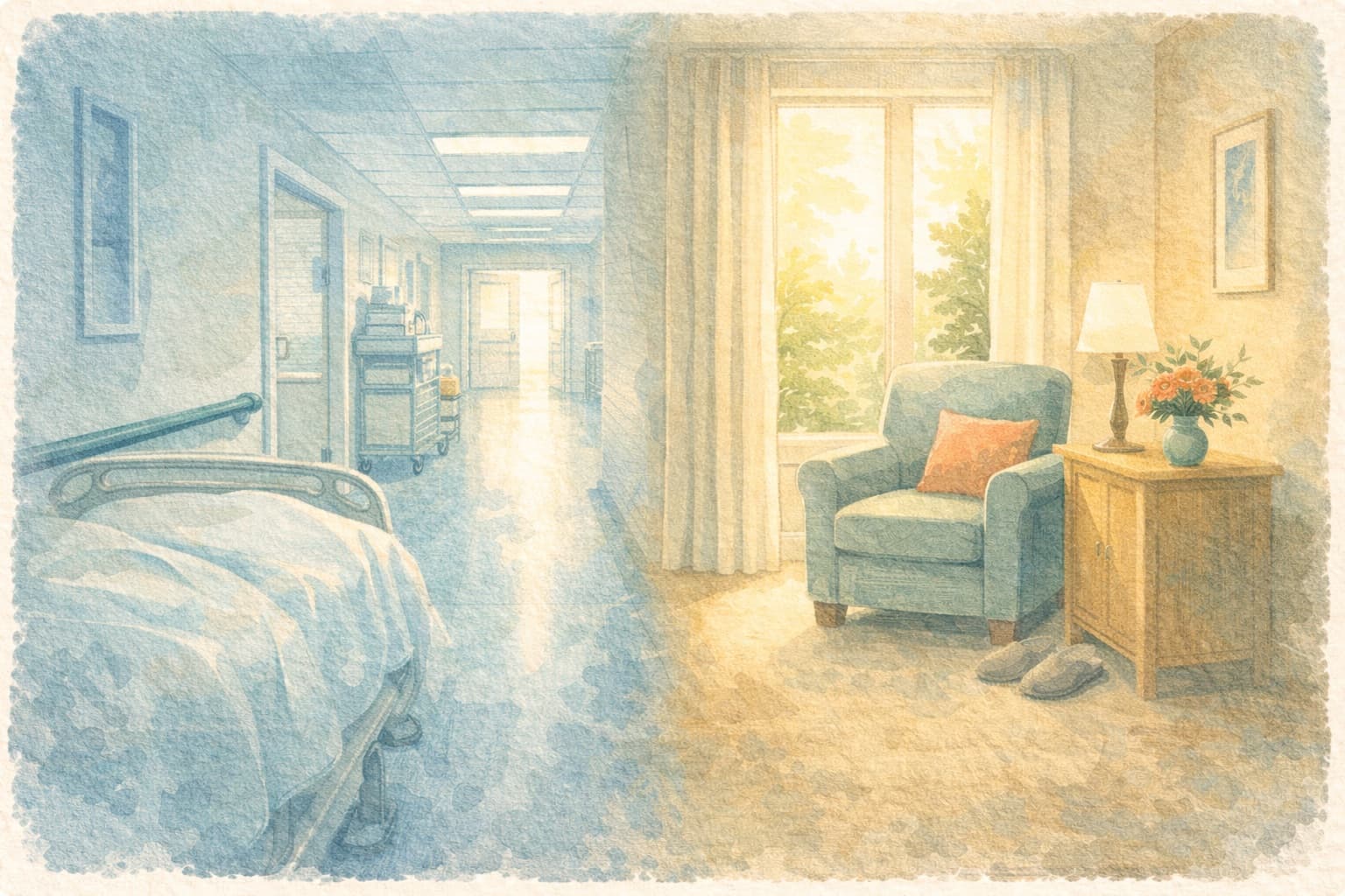 A split scene showing a cozy home and a bright care facility dining room — comparing care options