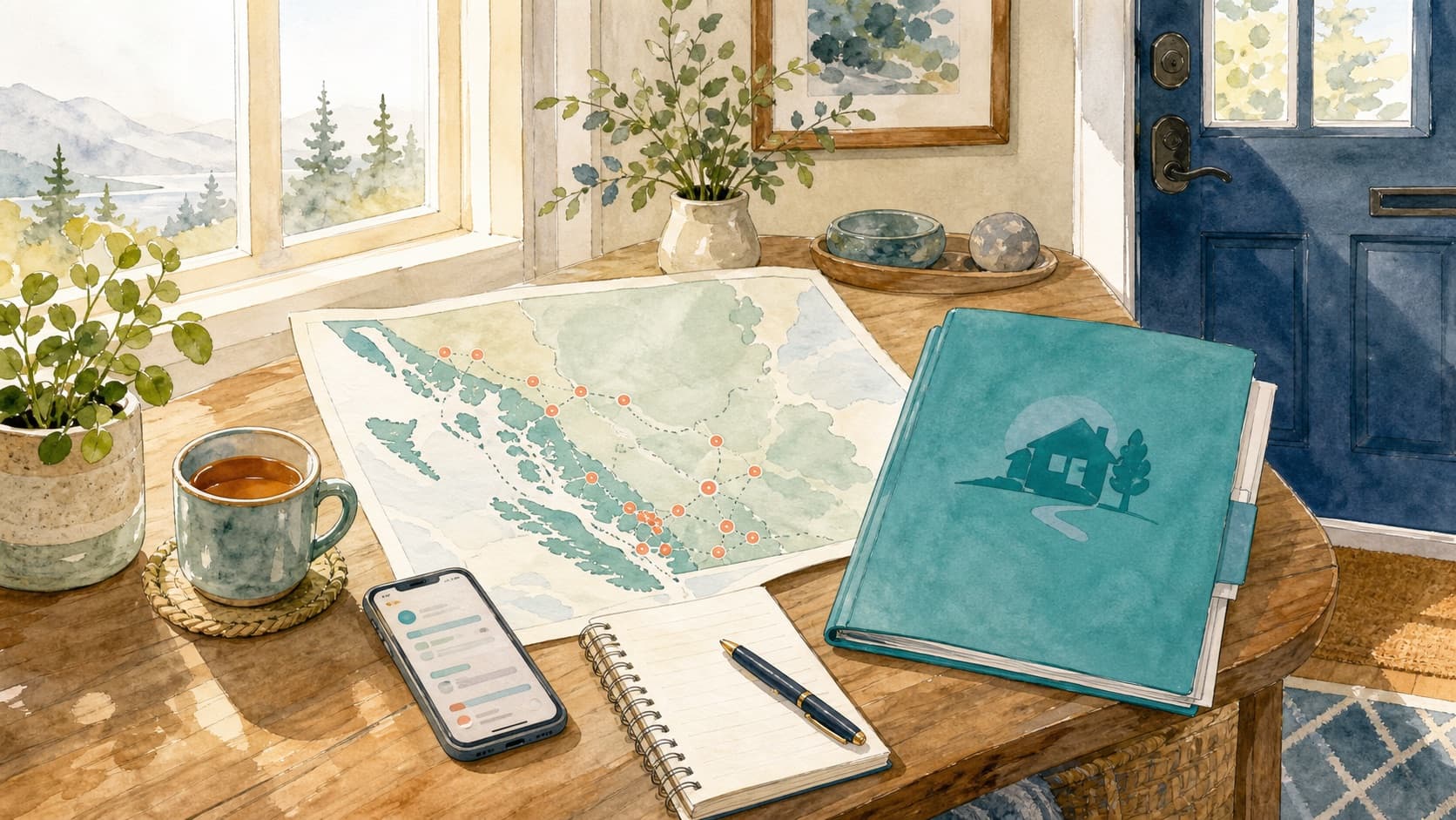 A watercolor BC home entry table with a map, care folder, phone, notebook, and tea — navigating home and community care