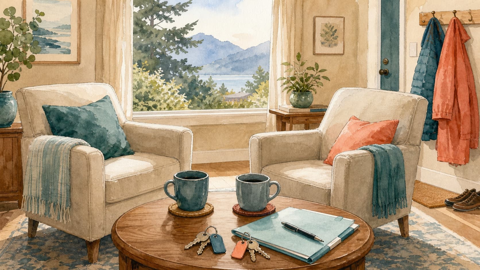 A watercolor living room with two armchairs, two mugs, two sets of keys, and a written agreement overlooking the BC coast