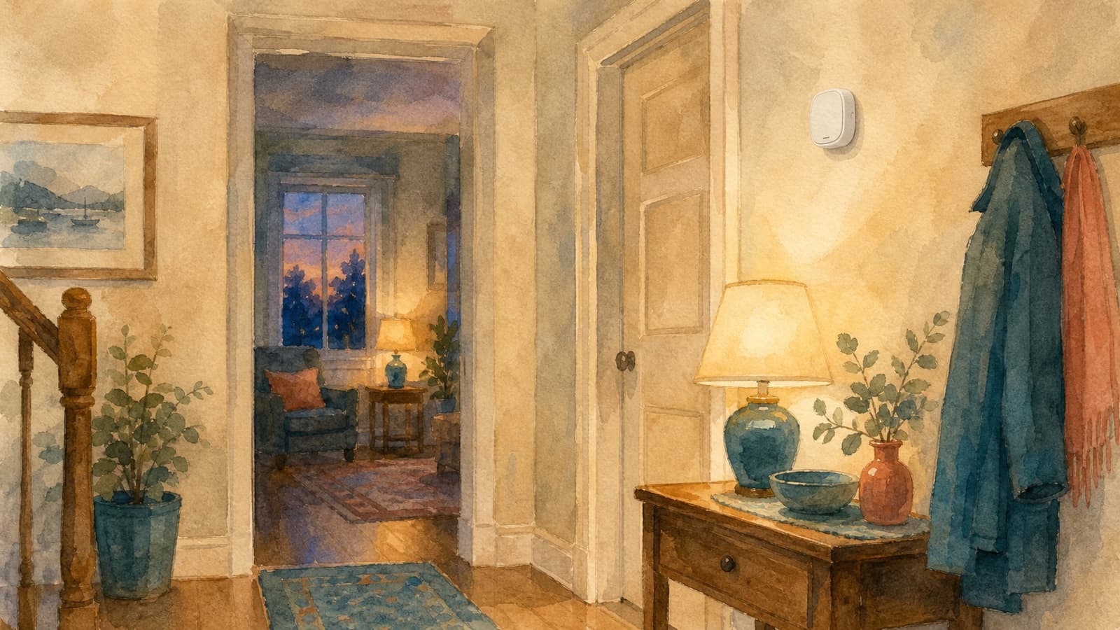 A quiet hallway in a family home at dusk, with a small discreet sensor on the wall near the doorframe