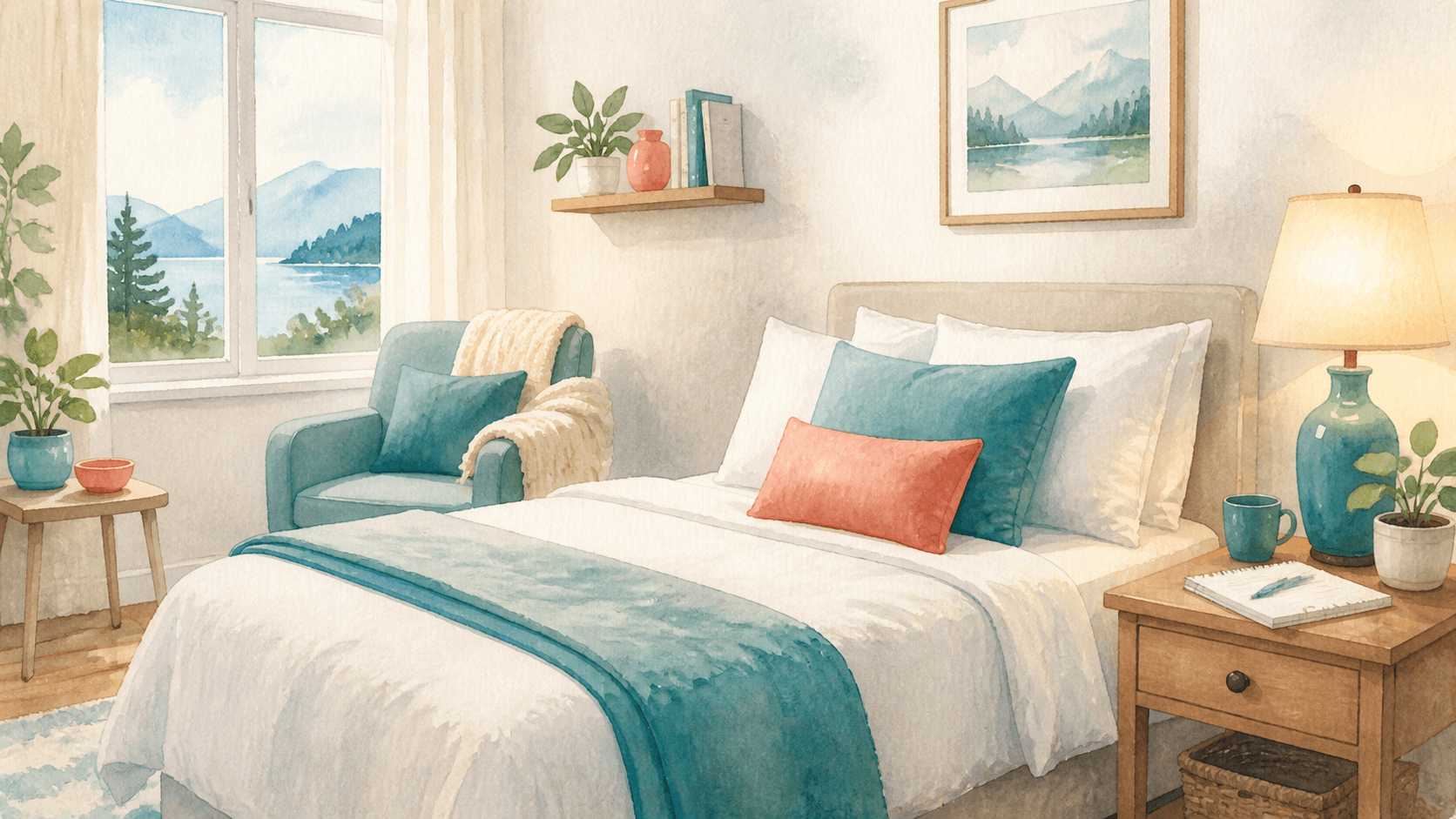 A guest bedroom with fresh linens and a reading lamp — a home ready for a live-in caregiver