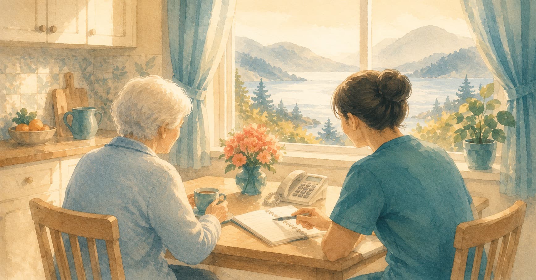 A caregiver helping an elderly person at a kitchen table — managing daily life while waiting for a long-term care placement