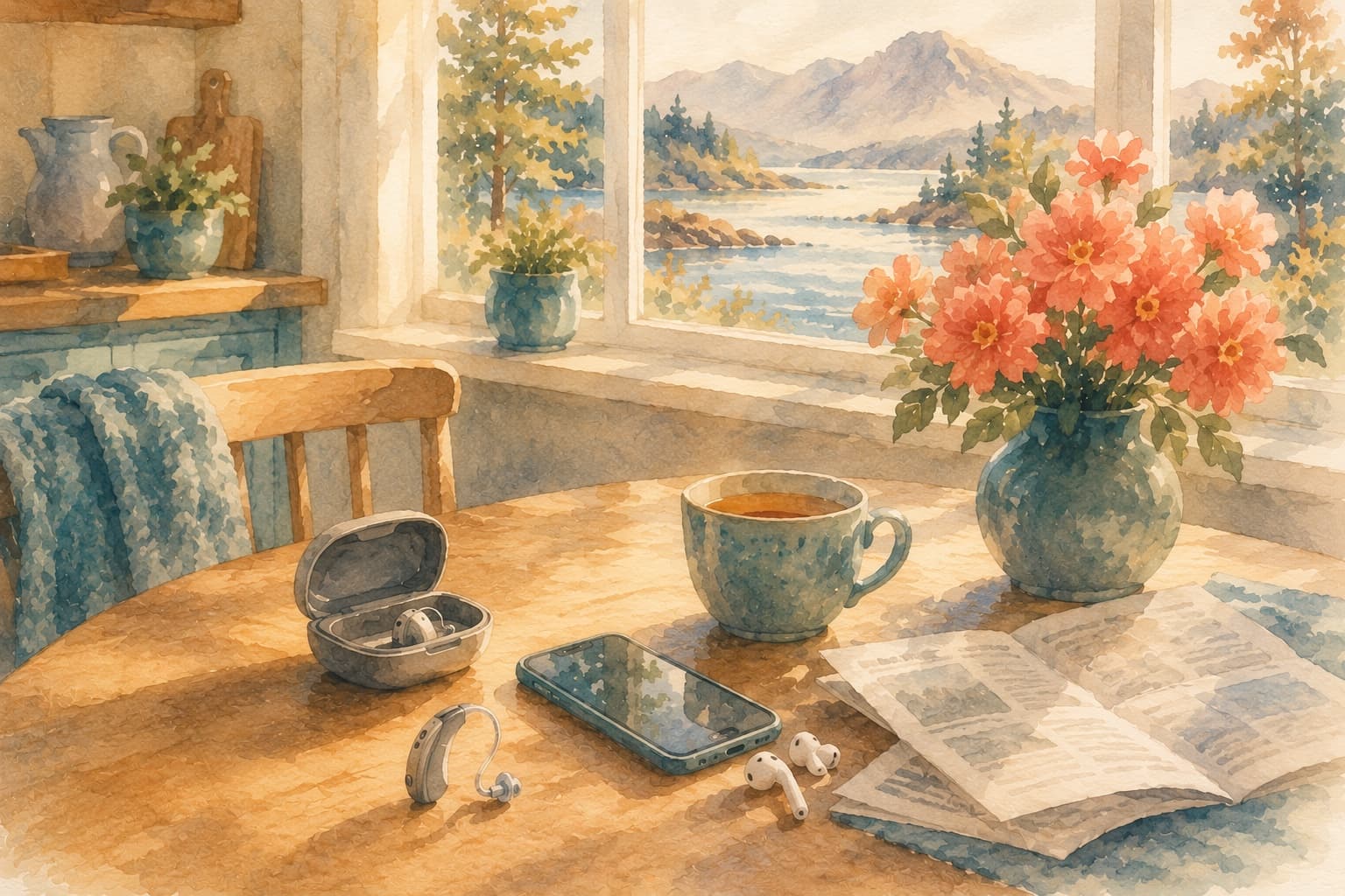 A sunlit kitchen table with a cup of tea, a small modern hearing aid in its open case, a smartphone with earbuds, and an open newspaper — everyday hearing support at home in BC