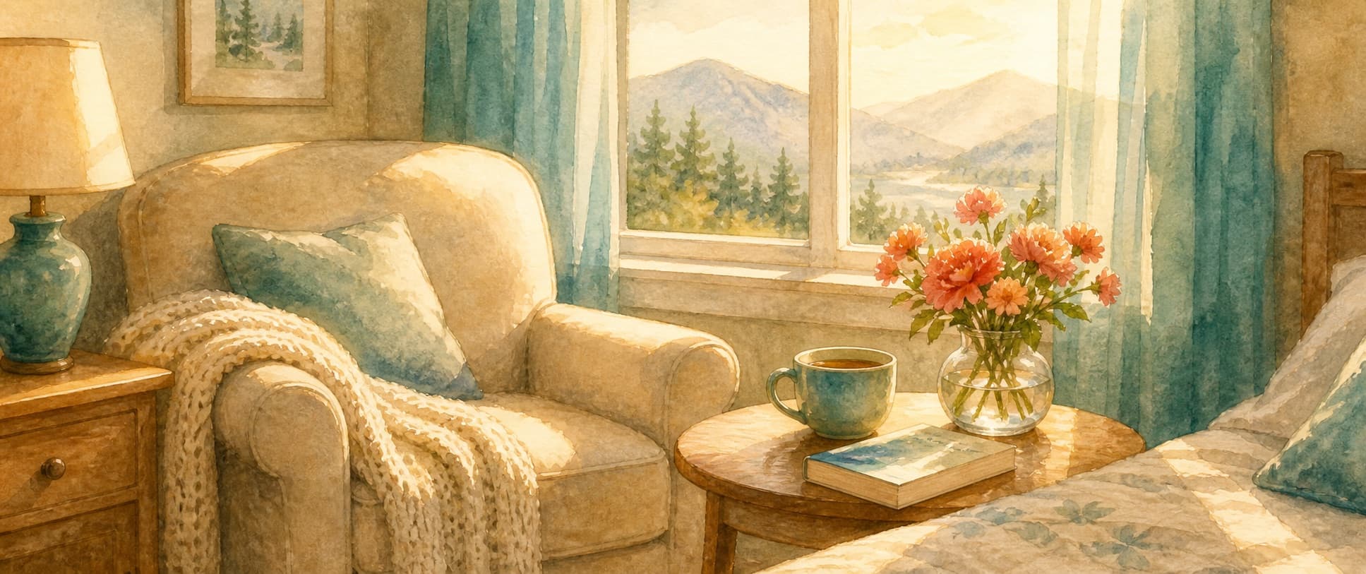 A quiet sunlit bedroom corner at home with a soft armchair, a folded blanket, a vase of coral flowers on a side table, and a cup of tea — a calm domestic scene set for comfort and care