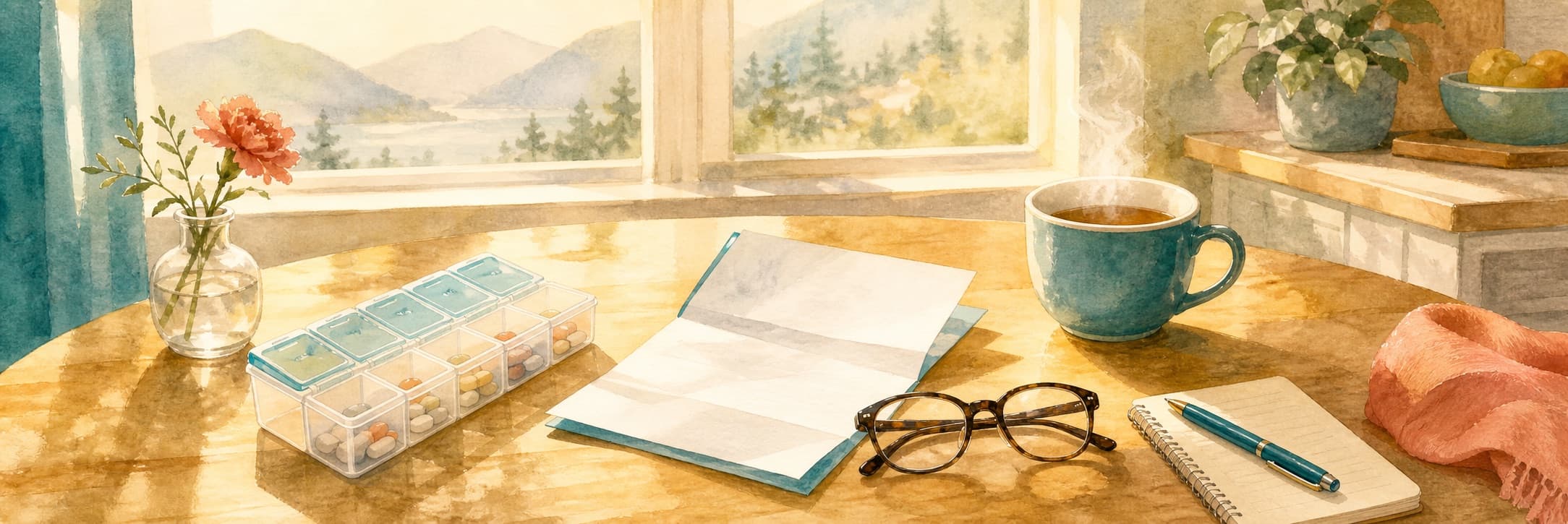 A kitchen table with a pill organizer, a BC PharmaCare letter, reading glasses and a cup of tea in warm light — sorting out drug coverage