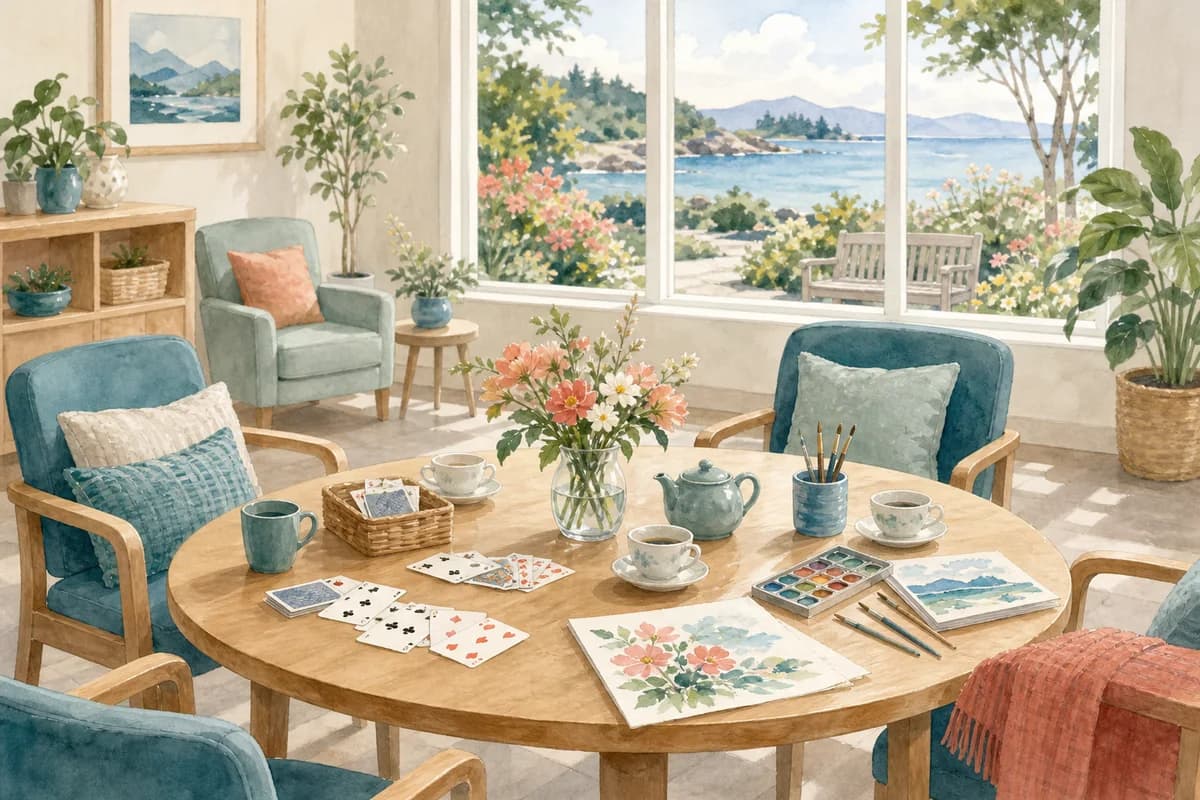 A welcoming community room with art supplies, cards, tea, and comfortable chairs for adult day programs planning in Victoria