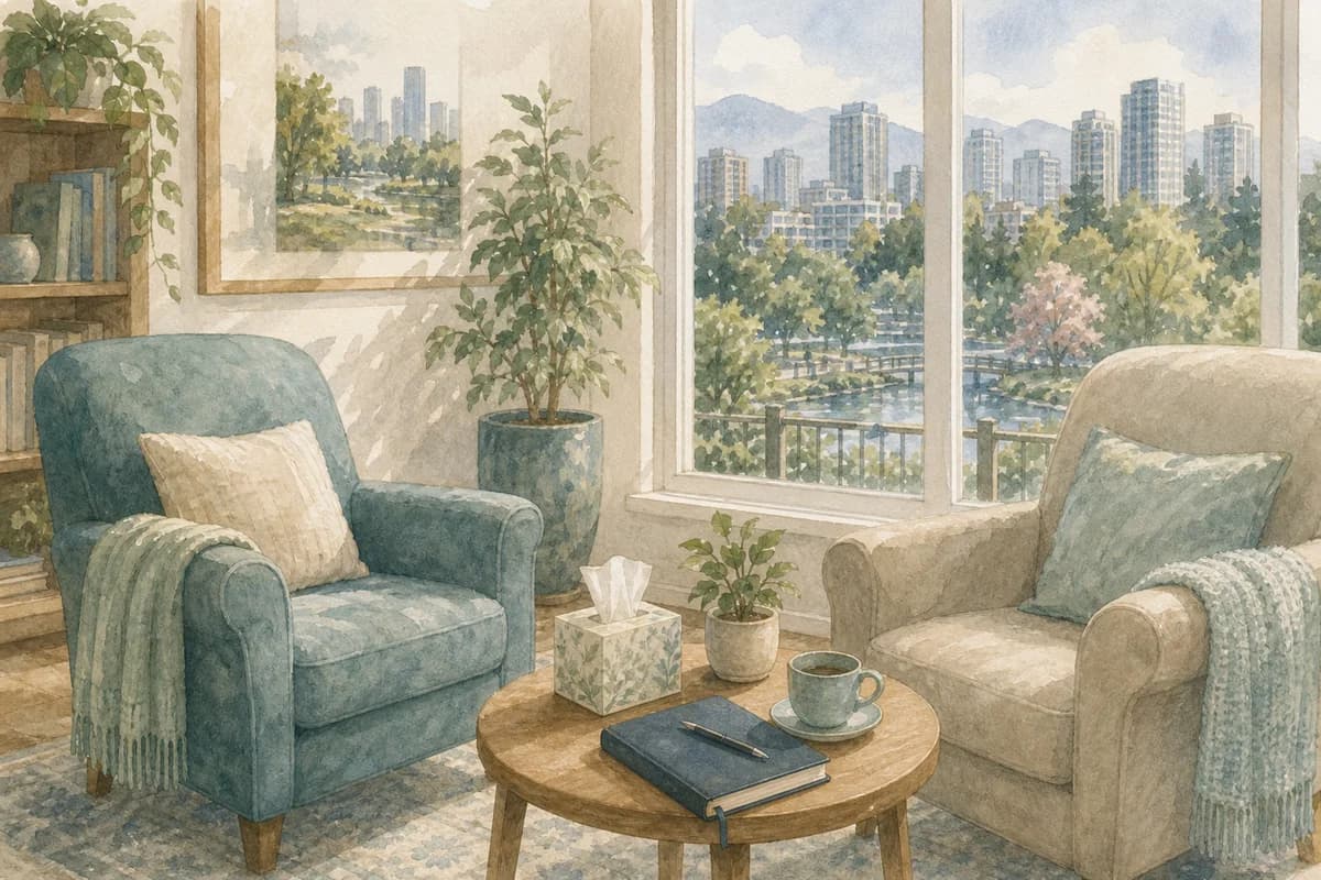 A quiet sitting room with two chairs, tea, and soft daylight for counseling planning in Victoria