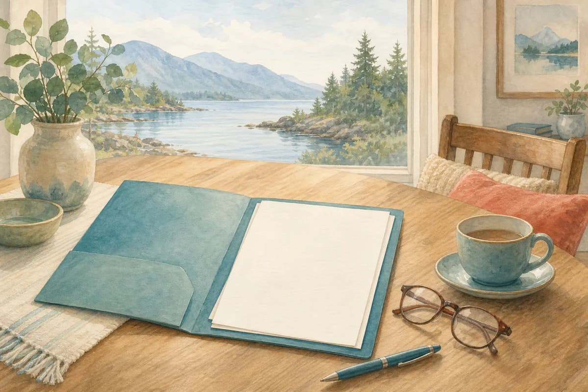 A plain planning folder, unsigned papers, reading glasses, and tea on a home table for elder law planning in Victoria