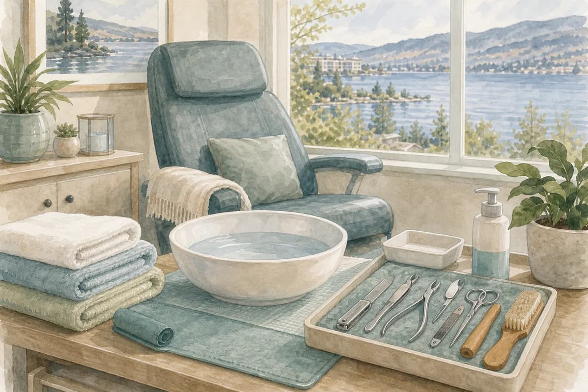 Clean foot-care tools, towels, and a basin in a calm home setting for foot care planning in Nanaimo