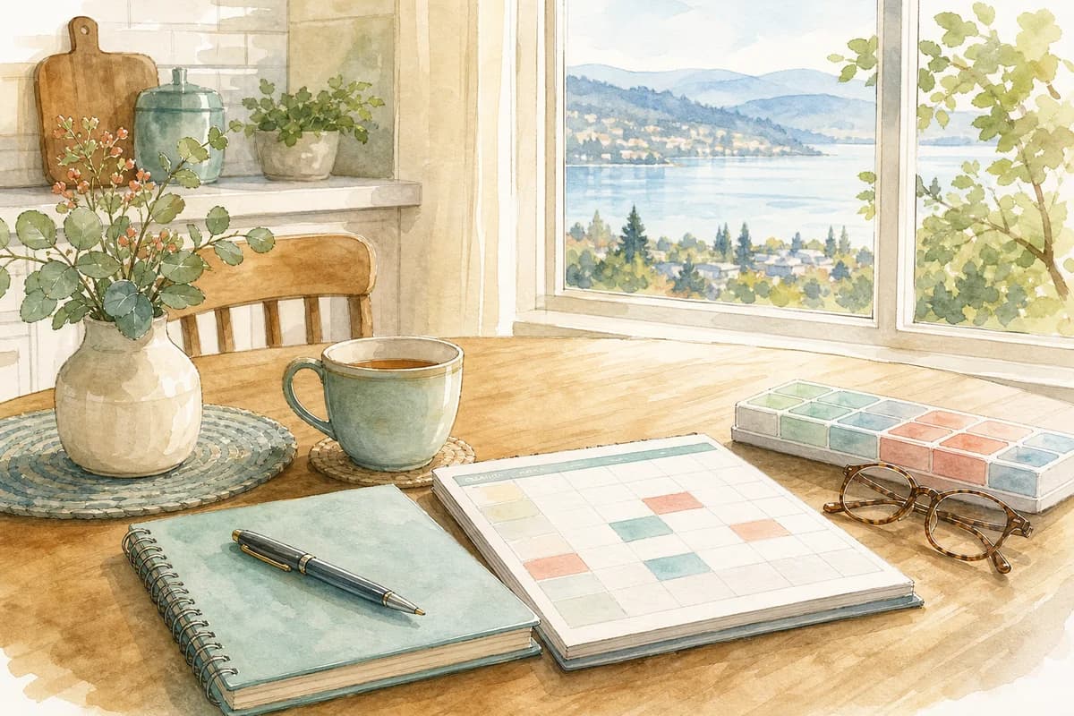 A senior's kitchen table in Kelowna with home care notes, tea, and soft Okanagan daylight