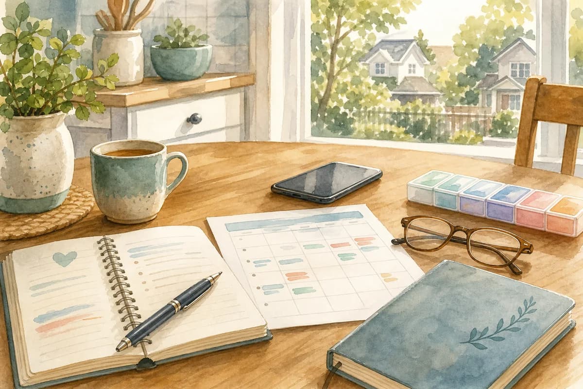 A Surrey family kitchen table with home care notes, phone numbers, and warm daylight