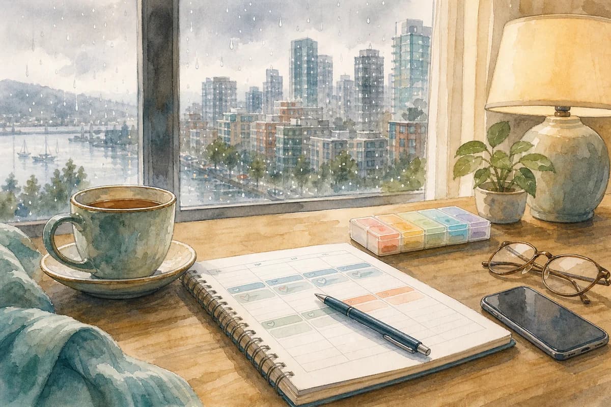 A Vancouver apartment table with a care schedule, tea, and rainy city light