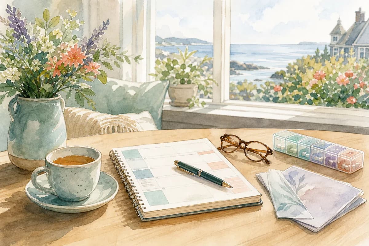 A Victoria home table with home care planning notes, tea, and soft coastal light