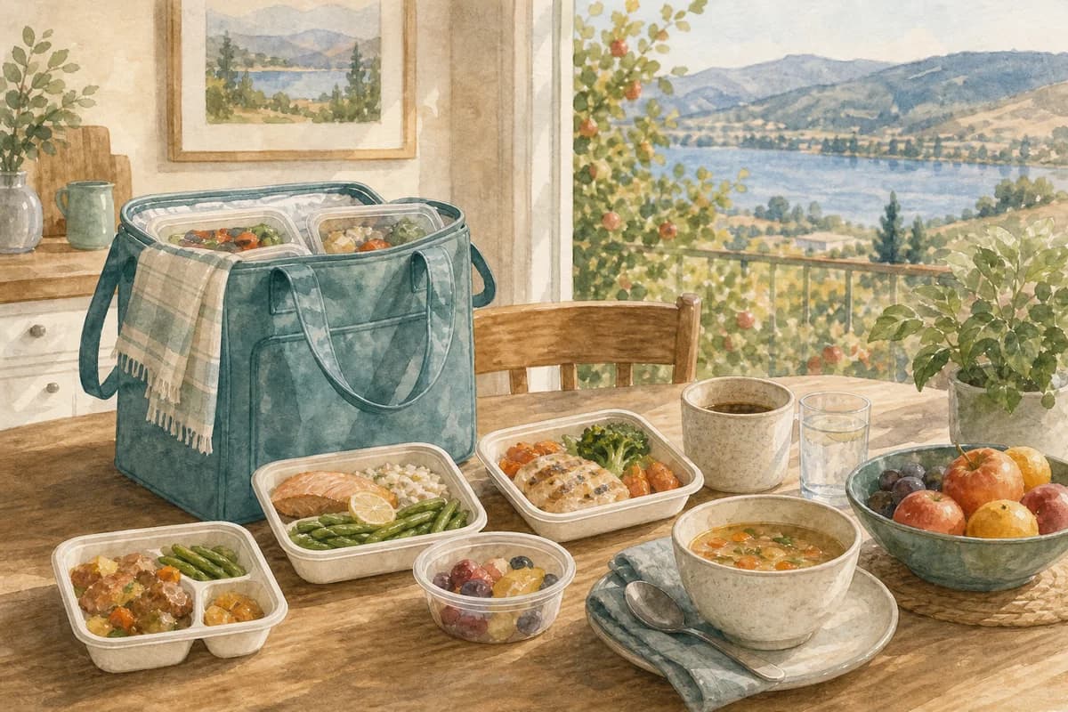 Prepared meals, fruit, and a delivery note on a warm kitchen table for meal delivery planning in Victoria