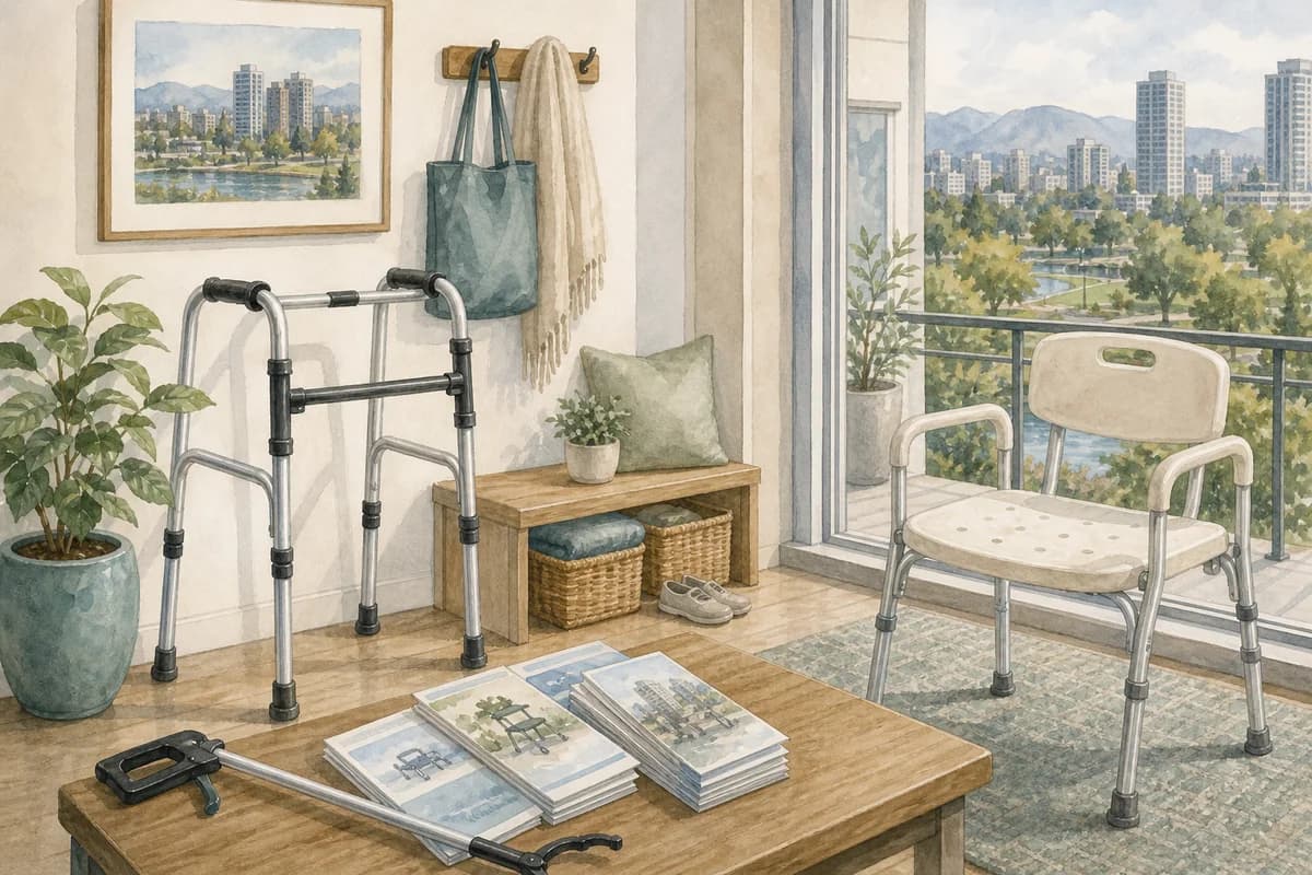 A Burnaby condo living room with mobility aids, safety equipment, and soft city light