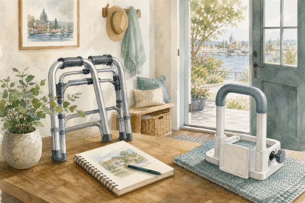 A Victoria home entryway with mobility aids, bathroom safety equipment, and soft coastal light